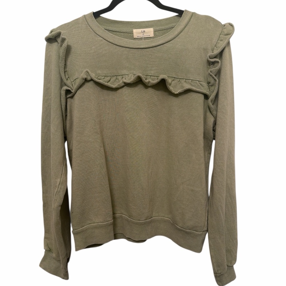 T.LA Anthropologie Green Distressed Ruffle Pullover Sweatshirt size‎ large NWT
